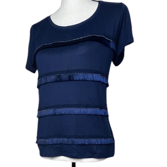 White House Black Market Tops - White House Black Market Women's Short Sleeve Top S Navy Blue Fringes Pre-Owned